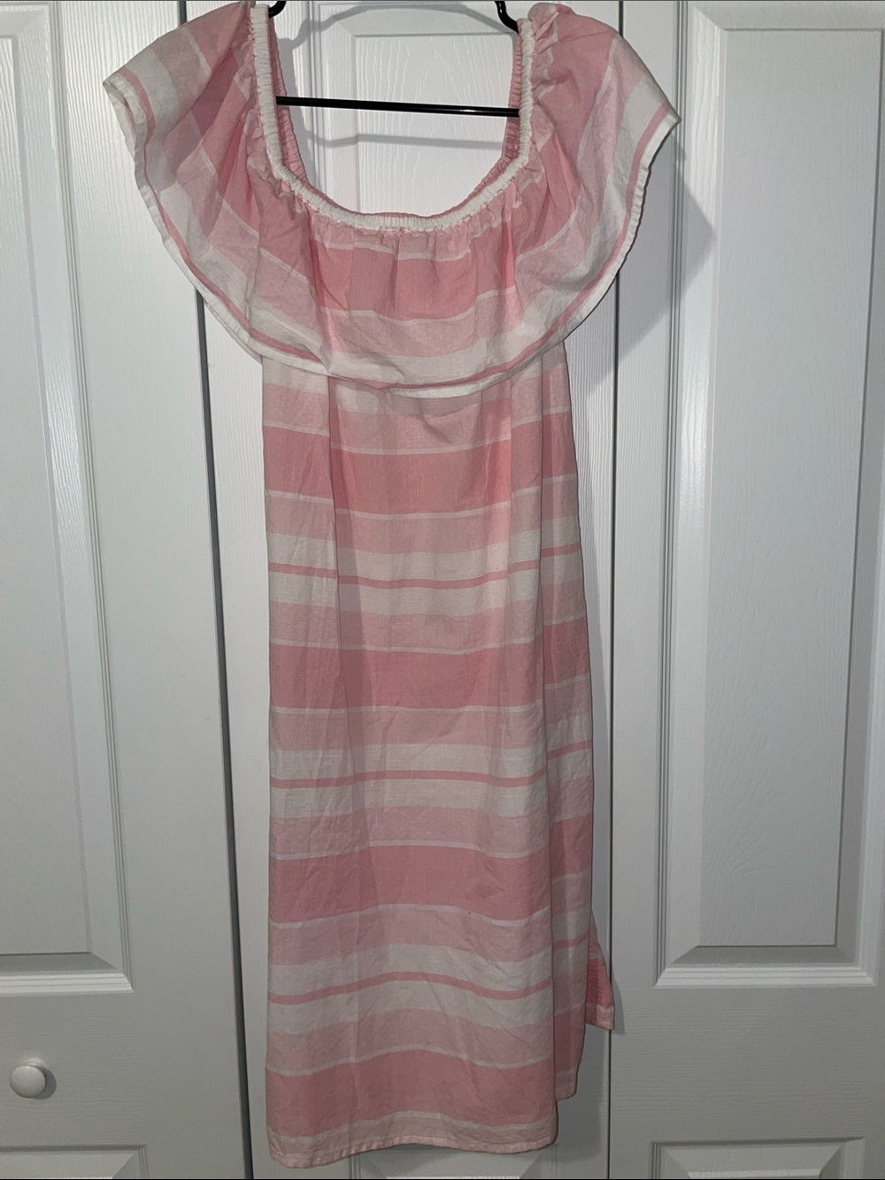 U.S. Polo Assn. Pink and White Striped Off-Shoulder Midi Dress
